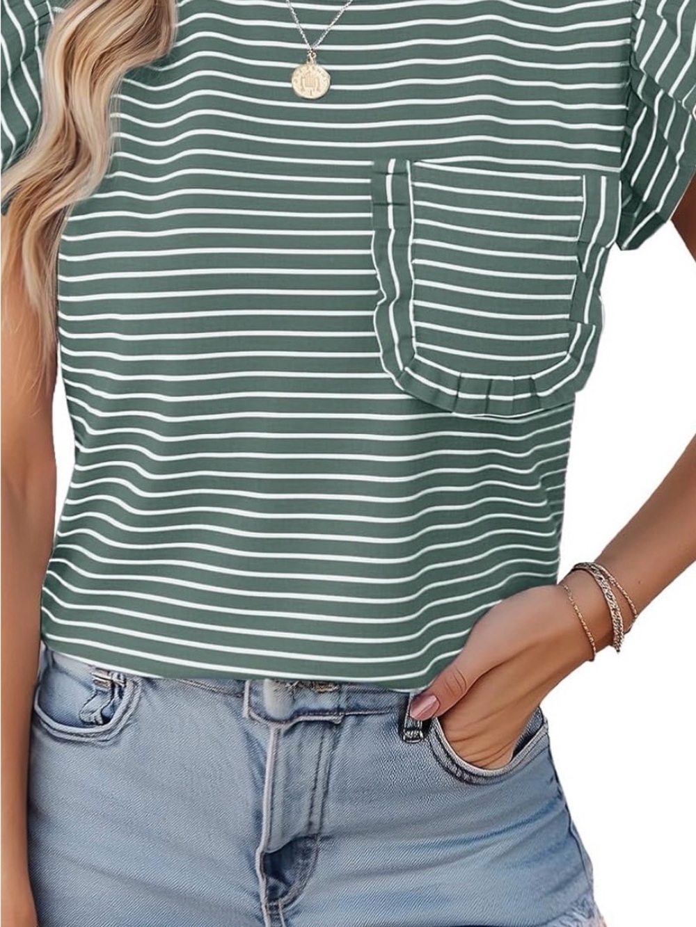 Women’s Striped Ruffle Sleeve Tee - Green & White